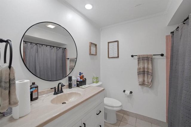 bathroom featuring tile patterned flooring, vanity, toilet, and ornamental molding