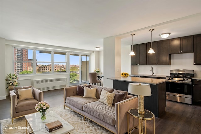 living room with radiator, sink, and dark hardwood / wood-style floors