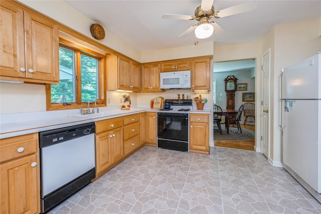 210 Bulsontown Rd, Stony Point, NY 10980 - kitchen featuring white appliances, light countertops, stone floors, and ceiling fan