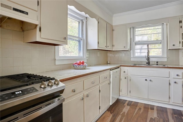 kitchen with stainless steel range, sink, dark hardwood / wood-style flooring, white dishwasher, and exhaust hood