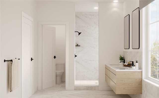 bathroom featuring a shower, vanity, and toilet