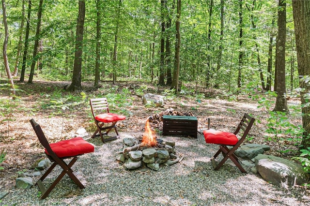 view of yard featuring an outdoor fire pit