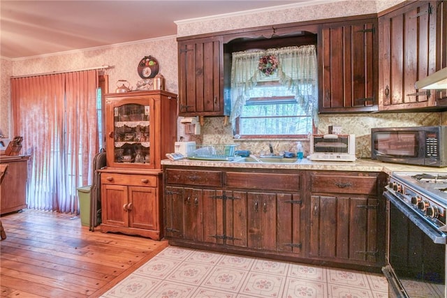 kitchen featuring black appliances, light hardwood / wood-style floors, ornamental molding, and sink