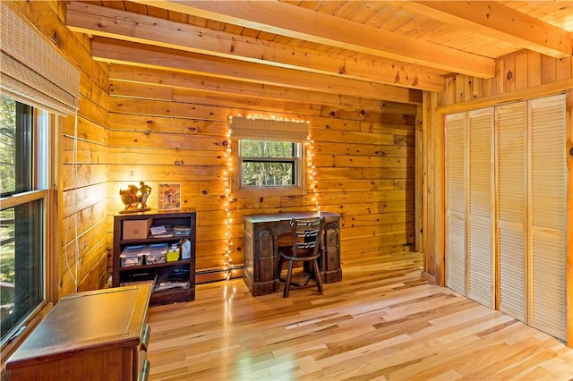 office area with beamed ceiling, light wood-type flooring, wooden walls, and wooden ceiling