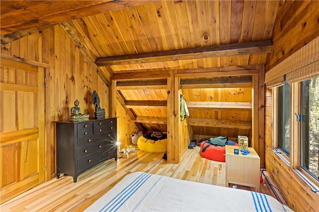 bedroom featuring vaulted ceiling with beams, wooden walls, wooden ceiling, and wood-type flooring