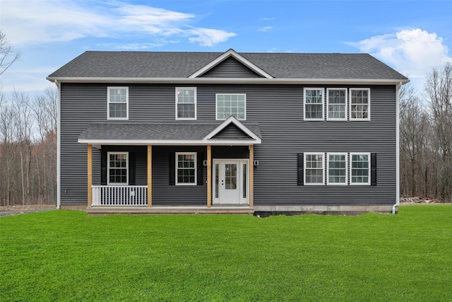 view of front of property featuring a front lawn, a porch, and roof with shingles
