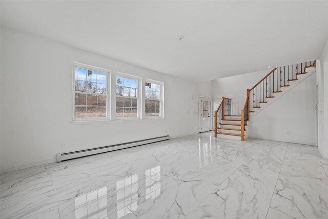 unfurnished living room with a baseboard radiator, marble finish floor, and stairway