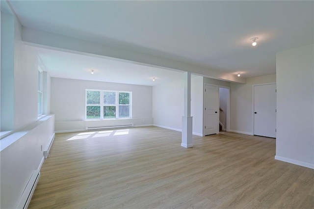 empty room featuring light hardwood / wood-style floors and a baseboard heating unit