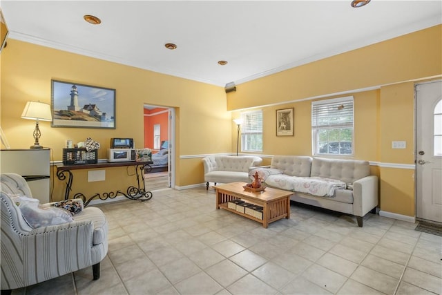 tiled living room with crown molding