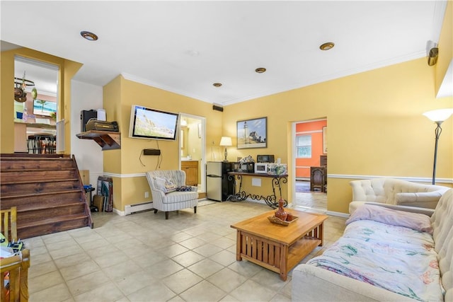67 Myers Corners Rd, Wappingers Falls, NY 12590 - living room featuring baseboard heating, ornamental molding, baseboards, light tile patterned floors, and stairway