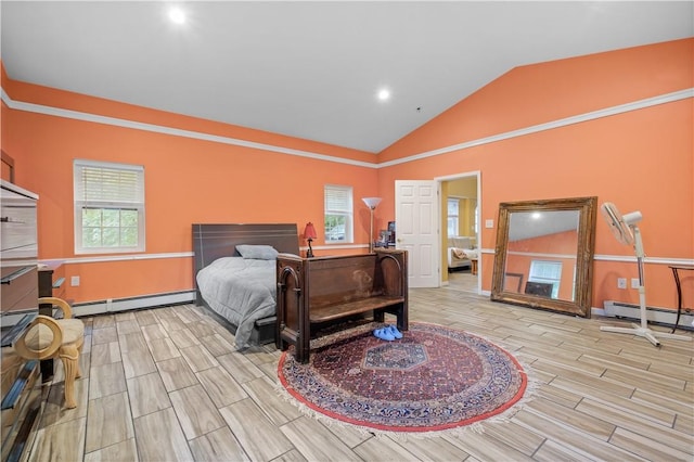 bedroom with a baseboard radiator, vaulted ceiling, multiple windows, and light hardwood / wood-style floors