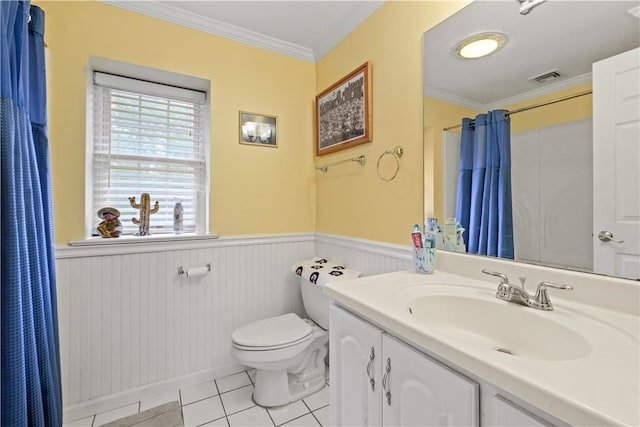 67 Myers Corners Rd, Wappingers Falls, NY 12590 - full bathroom featuring wainscoting, tile patterned flooring, toilet, vanity, and ornamental molding