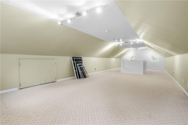 additional living space with light carpet and vaulted ceiling