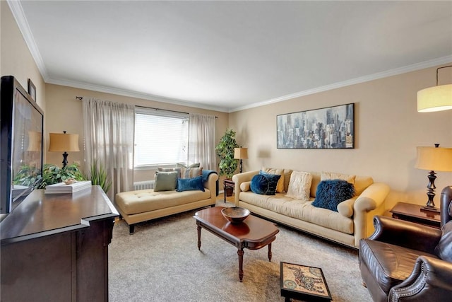 living room featuring light carpet and ornamental molding