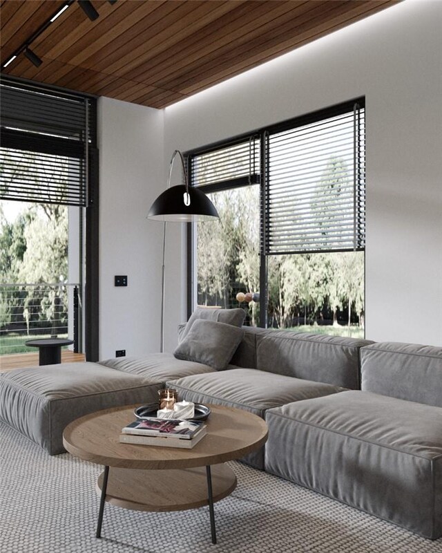 carpeted living room featuring wooden ceiling