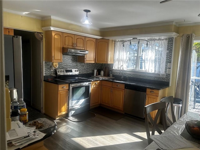 kitchen with decorative backsplash, appliances with stainless steel finishes, ornamental molding, sink, and dark hardwood / wood-style floors