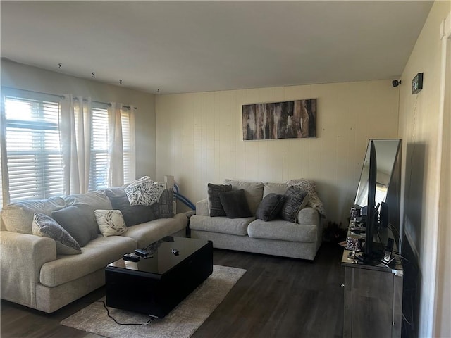 living room with dark wood-type flooring