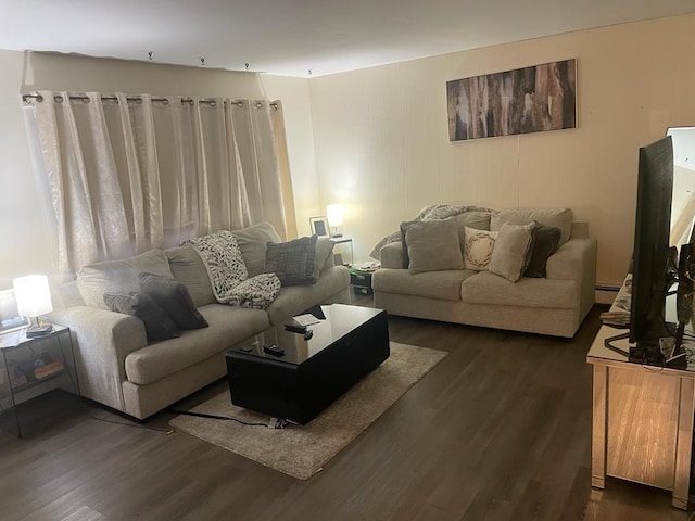 living area with dark wood-style floors and a baseboard radiator