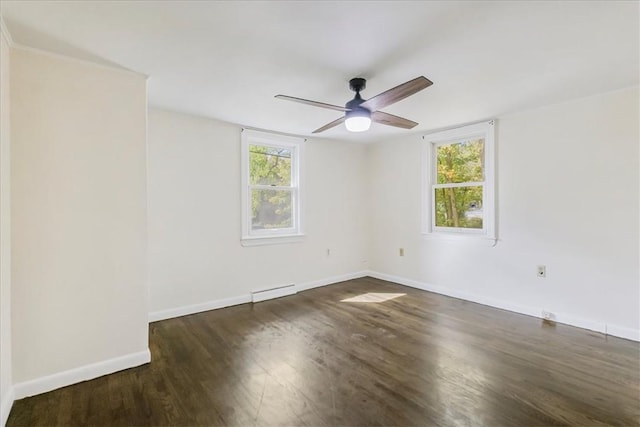 unfurnished room with dark hardwood / wood-style flooring, a baseboard radiator, ceiling fan, and a healthy amount of sunlight