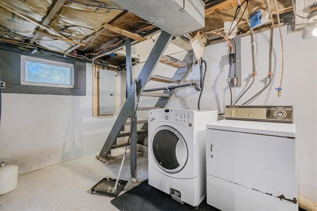 laundry room with washing machine and dryer and electric panel