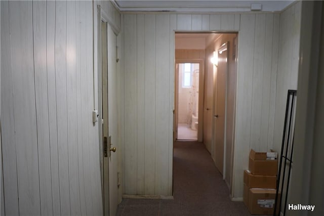 hallway featuring wood walls