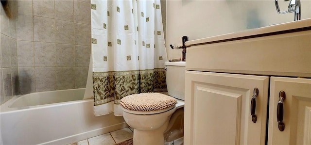 bathroom featuring tile patterned flooring, shower / tub combo, and toilet