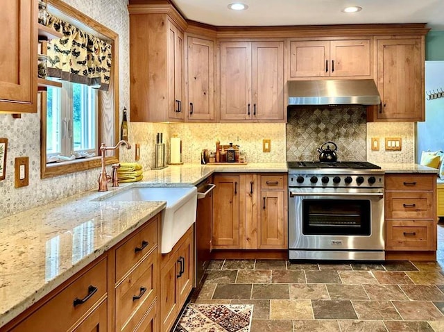 kitchen with appliances with stainless steel finishes, backsplash, light stone counters, ventilation hood, and sink