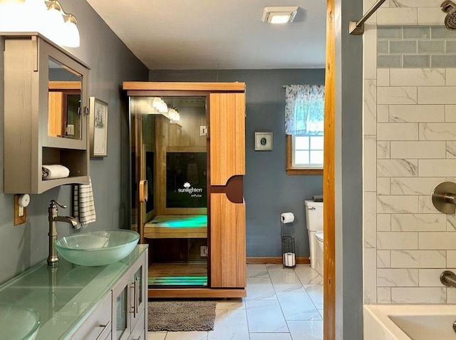 full bathroom with vanity, toilet, and tub / shower combination