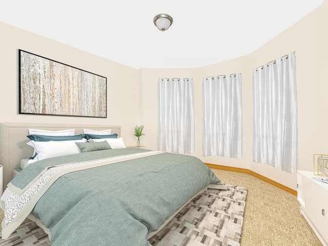 bedroom with light colored carpet