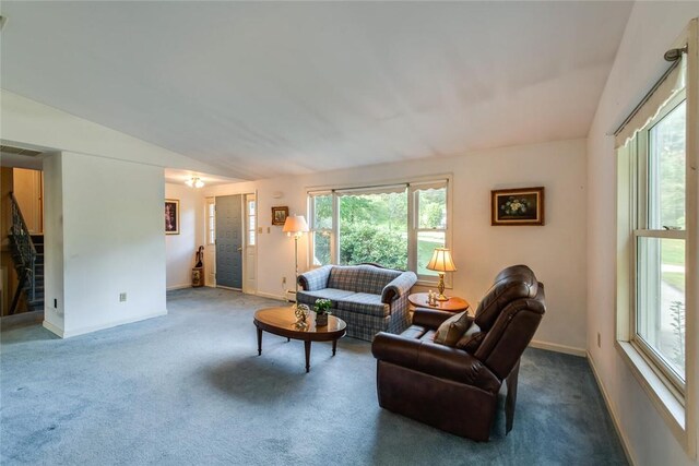 carpeted living room with vaulted ceiling