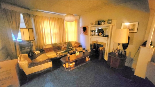 living room featuring dark colored carpet