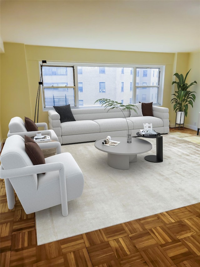 living room with parquet floors