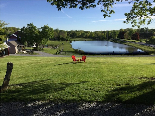 view of home's community featuring a lawn, a water view, and a rural view