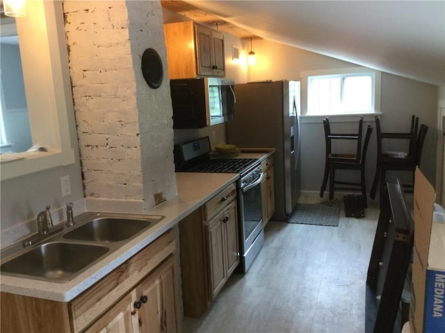 kitchen with stainless steel appliances, lofted ceiling, and sink