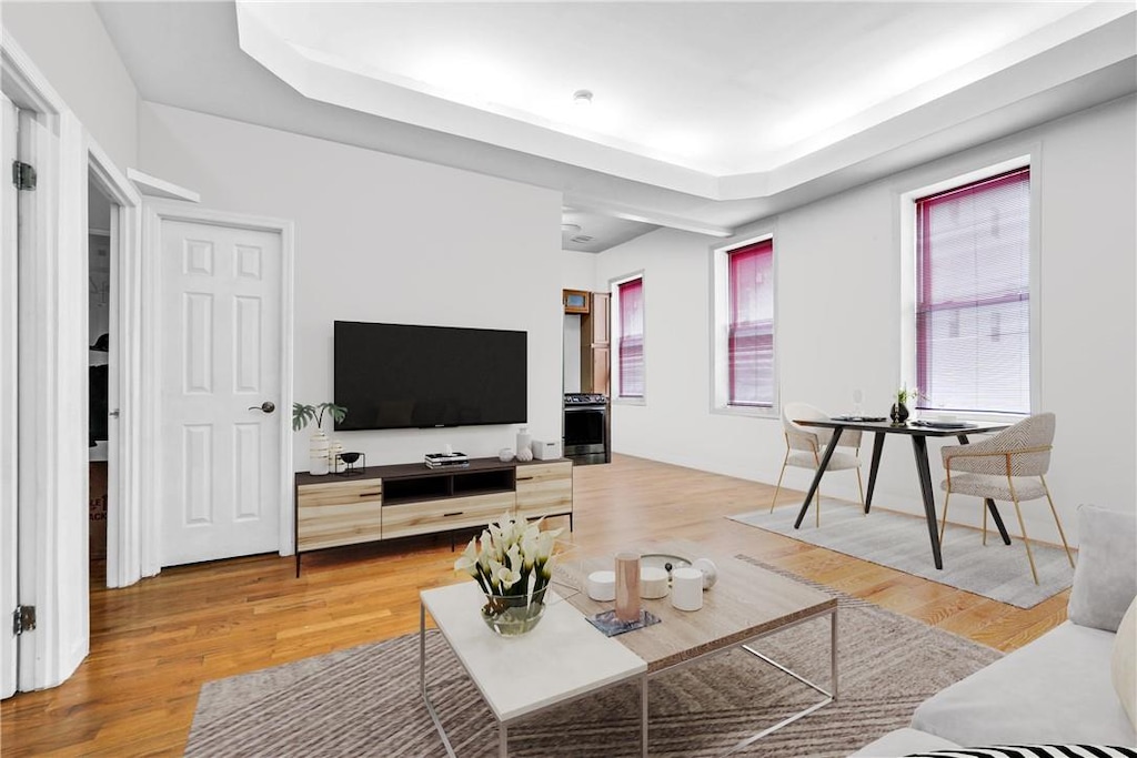 living room with a raised ceiling and hardwood / wood-style flooring