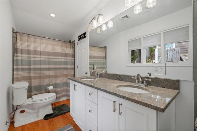 bathroom featuring vanity, toilet, wood-type flooring, and lofted ceiling