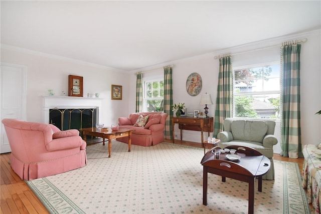 living room featuring crown molding and hardwood / wood-style floors