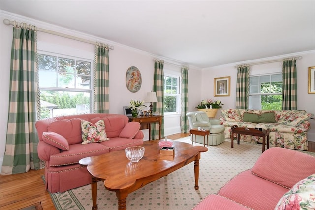 living room featuring ornamental molding, a healthy amount of sunlight, and light wood-type flooring