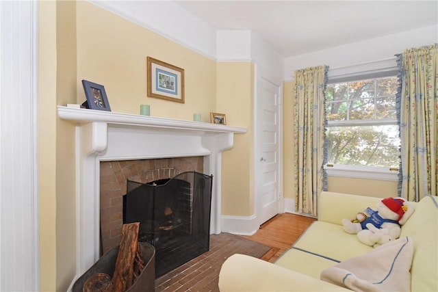 living room with a fireplace and hardwood / wood-style floors