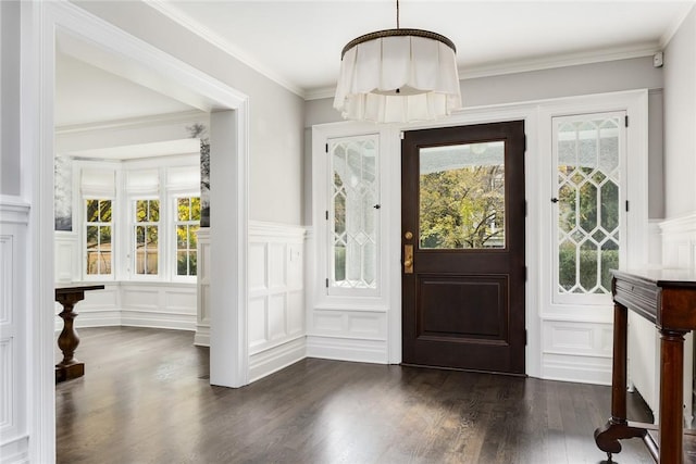 foyer with crown molding and dark wood-type flooring