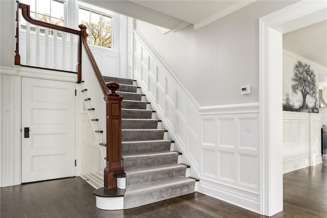 stairs featuring wood-type flooring and ornamental molding