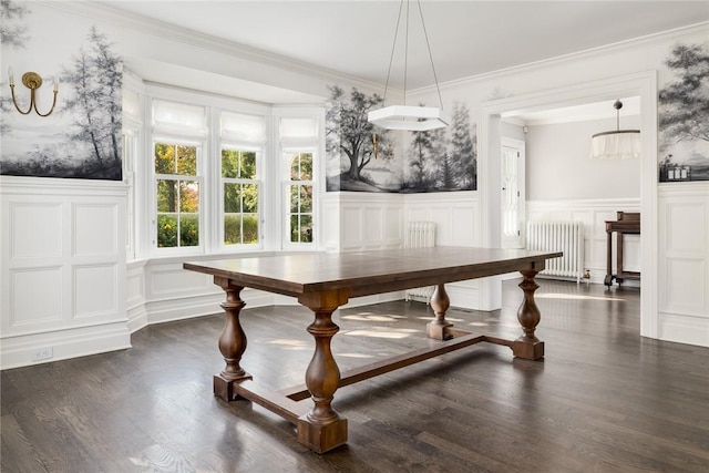 dining space featuring a notable chandelier, dark hardwood / wood-style floors, crown molding, and radiator