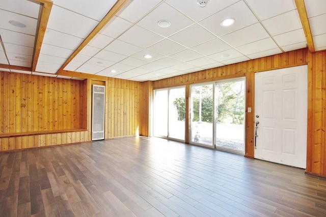 interior space featuring dark wood-type flooring and wood walls