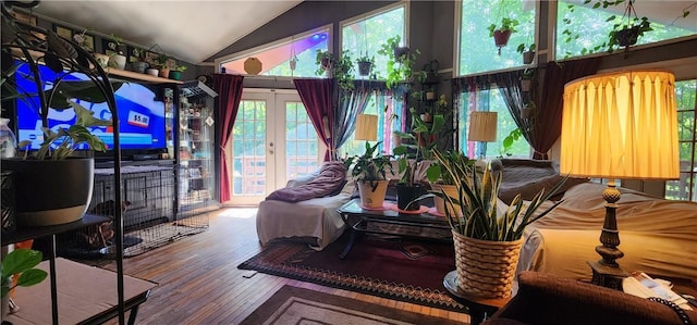 38 Winterthur Rd, Woodridge, NY 12789 - living room with wood finished floors, lofted ceiling, and french doors