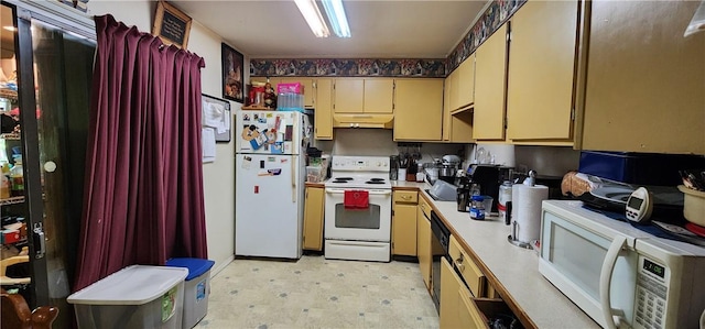 38 Winterthur Rd, Woodridge, NY 12789 - kitchen with white appliances, under cabinet range hood, light flooring, light countertops, and cream cabinets