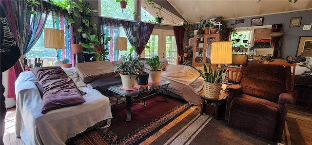 living room featuring french doors, wood-type flooring, and lofted ceiling