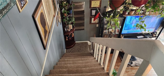 staircase featuring hardwood / wood-style floors and wooden walls