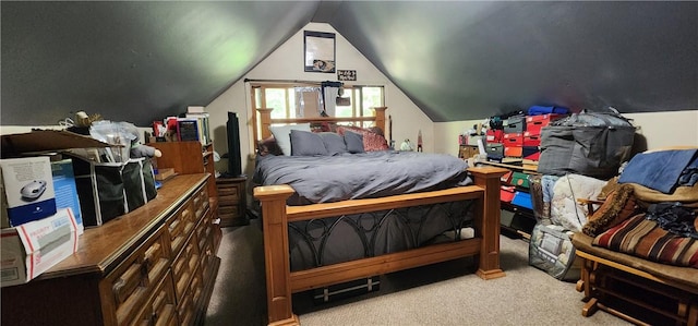 bedroom with light carpet and lofted ceiling