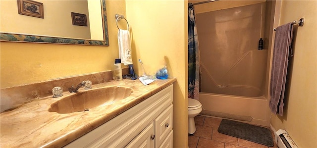 full bathroom featuring shower / bath combo, tile patterned floors, vanity, a baseboard radiator, and toilet