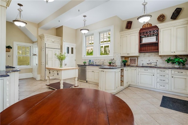 kitchen with dishwasher, beamed ceiling, decorative light fixtures, decorative backsplash, and light tile patterned flooring